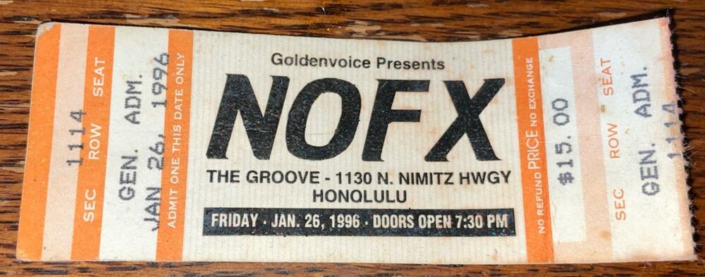 Vintage NOFX $15 Ticket Stub Nimitz Highway Honolulu January 1996